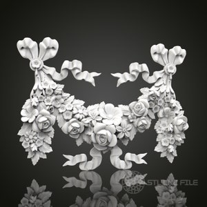 May include: A white 3D printed design of a floral garland with two bows on either side. The garland is made up of roses, leaves, and other flowers.