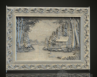Cabaña junto al lago: Modelo STL en relieve: CNC e impresión 3D (archivo digital)