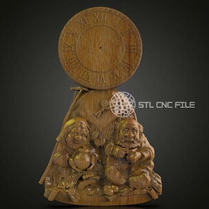 May include: A wooden clock face with Roman numerals and a carved scene of two figures sitting together. The figures are wearing traditional clothing and holding objects. The clock face is attached to a wooden base.