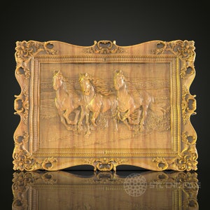 Majestic Horses Carved Frame STL Model for CNC - Ideal for Artcam, Aspire | Exquisite Wood Art & Decor