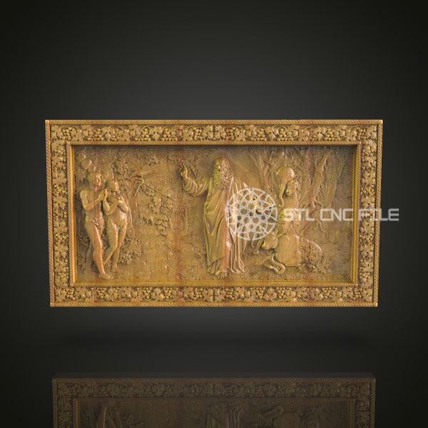 Biblical Adam and Eve CNC Engraved Panel - Sacred Story Artwork, Detailed Wood Carving