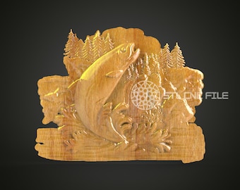 Jumping Trout Waterfall Scene 3D STL Model: Rustic Cabin Wall Art