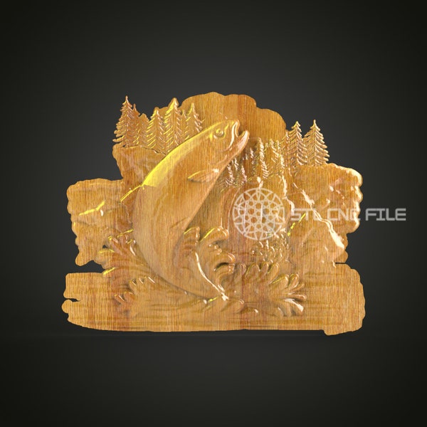 Jumping Trout Waterfall Scene 3D STL Model for CNC, Artcam & Aspire Compatible, Perfect for Rustic Cabin Wall Art