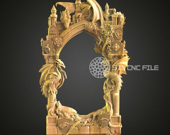 Fantasy Castle and Dragon Mirror Frame STL File, Epic CNC Router Design for Enthusiasts