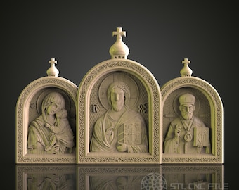正教会の三連祭壇画レリーフ STL モデル: CNC ルーター、3D プリンター (デジタル ダウンロード)