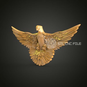 May include: A golden 3D printed dove with its wings spread wide. The dove is detailed with feathers and has a textured surface. STL CNC FILE is printed on the bottom right corner of the image.