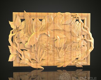 Escena serena del estanque de aves acuáticas - Arte de madera tallada CNC, decoración de la pared de pájaros, Artcam/Aspire STL