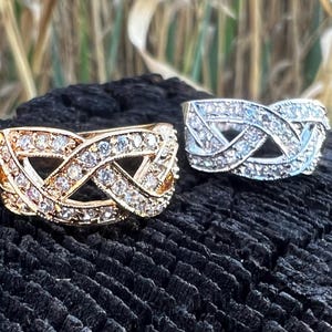 Celtic Knot Ring Gold CZ Braided Eternity Band, Woven Pave Ring, Plus Size Statement Ring Wedding Band Anniversary Gift Size 4-12