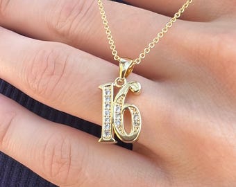 14K Gold Plated Number Pendant Necklace with CZ Stones - Numbers 1-50, Sizes 16&quot;-24&quot;