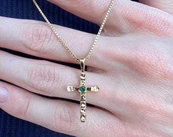 24K Gold Layered Cross Necklace with Emerald CZ – Box Chain 16&quot;–24&quot; | Dainty Religious Pendant | Gift for Him or Her