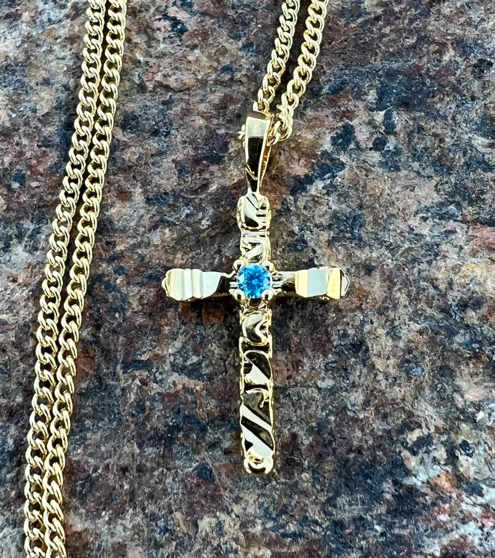 14K Gold Plated CZ Cross Necklace with Aquamarine Birthstone - Custom Length 16"-24"