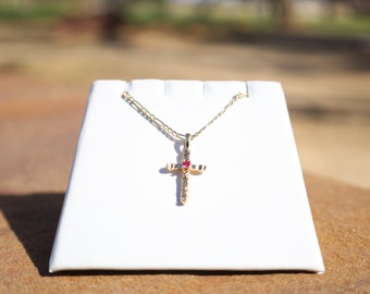 Birthstone cross pendant with small flat Figaro chain, Cross with birthstones,Gift for her