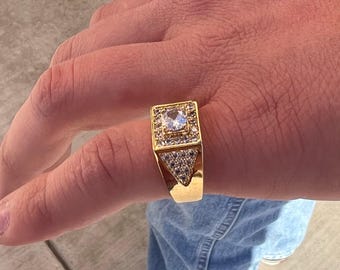 Men's 14k Gold Plated Ring: Bold CZ Stone Band (Sizes 7-11)