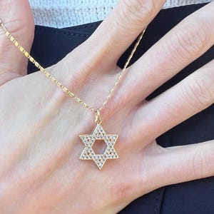 Pave CZ Star of David Pendant Necklace, Ornate Scroll Chain, 14K Gold/Rhodium