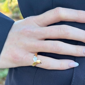 V Ring Gold CZ Solitaire, Chevron Ring for Women, Minimalist Gold Ring Gift for Her, Modern Stacking Ring Promise Ring Size 4-10