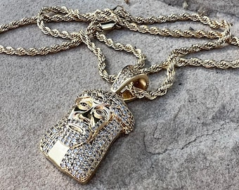 メンズ アイスアウト ジーザス ペンダント、スターリングシルバーに14K