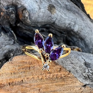 Amethyst Flower Ring | 14K Gold Plated | February Birthstone | Elegant & Unique | Sizes 4-10