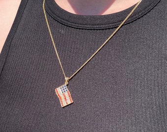 American Flag Pendant Necklace with Red, White, and Blue CZ Stones | 14K Gold or Rhodium Plated Curb Link Chain | Available in 16&quot;-22&quot;