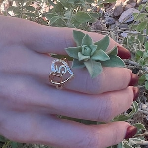 May include: Gold-toned heart-shaped ring with a diamond-studded border and an initial design. The ring is worn on a finger, next to a small succulent plant. The background features greenery and small rocks.