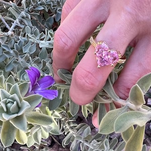 Gold Plated Ring with Pink CZ Heart Stone | Elegant & Romantic | Available in Sizes 6-11