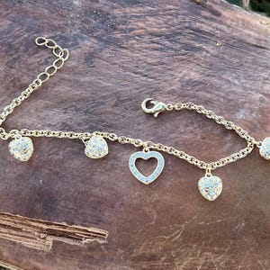 Gold Plated CZ Bracelet with 5 Dangling Hearts | Adjustable 7&quot; to 8&quot; | Sparkling & Elegant Jewelry