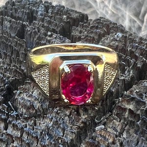Mens Ruby Red CZ Ring, Statement Signet Band, Gold or Silver Plated, July Birthstone Color, Gift for Him, Sizes 6-14