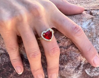 Gold Plated Heart Ring: Red Stone & CZ Statement Ring