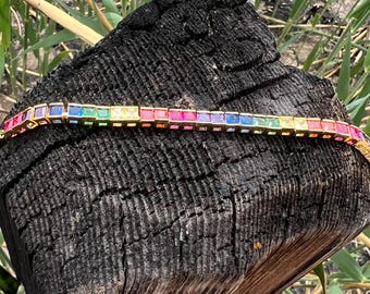 Rainbow Tennis Bracelet, Multi Color Princess Cut CZ Stones, 24k Gold Plated Statement Jewelry