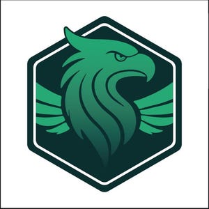 Puede incluir: Un emblema de águila verde y verde azulado con un efecto degradado, enmarcado en un hexágono verde oscuro y un borde blanco. La cabeza del águila está de perfil, con las alas extendidas, creando un diseño gráfico audaz.