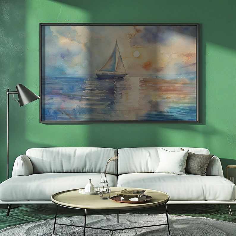 Arte de la pared del barco de vela / Pintura del mar tranquilo / Náutica / Decoración de la casa del lago / Descarga digital / Arte náutico de la acuarela imagen 4