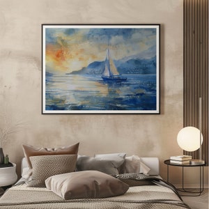 Arte de la pared del barco de vela / Pintura del mar tranquilo / Náutica / Decoración de la casa del lago / Descarga digital / Arte náutico de la acuarela imagen 2