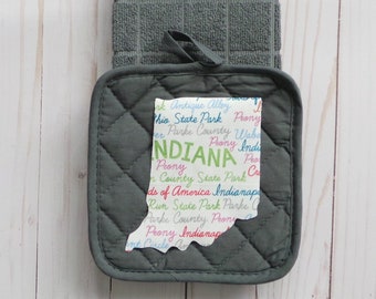 Indiana State Potholder and Towel Set, IN Cities Fabric, Indy gifts