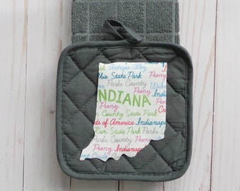 Indiana state potholder and towel set with IN city listing fabric, hoosier gift, state shape gifts, Indiana decor IN state, indy gift