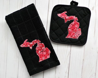 ANY state potholder and towel set with bandana fabric, state trivet, state gifts, Ohio state of michigan gifts MI state pot holder