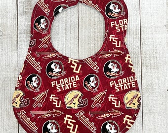 Reversible Florida State baby bib with logos & Florida shape cutout; FSU gift, Florida State gift, Seminole baby gift