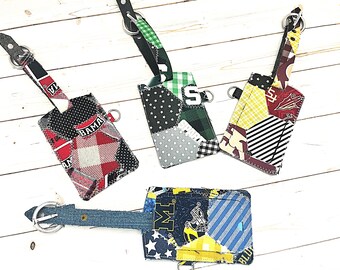 Luggage tag made from college patchwork; Michigan, Bama, Ohio, Florida gift