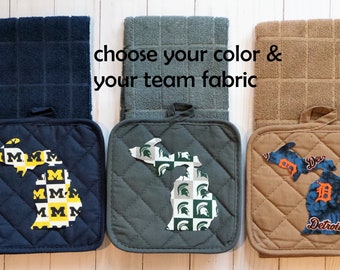 Michigan, Tigers or Michigan State mitten potholder & towel set, Univ MI gift, msu gift, um gift, wolverine, spartan, hostess gift, U of M