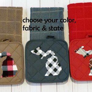 ANY STATE shape plaid cutout potholder and towel kitchen set; hostess gift, teacher gift, friend gift, holiday gift, state shape gift