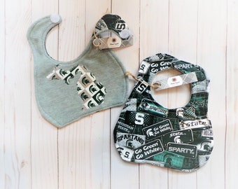 Reversible Michigan State baby bib with logos & Michigan shape cutout; MSU gift, Michigan State gift, Spartan baby gift