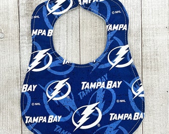 Reversible Tampa Bay Lightning baby bib with logos & Florida shape cutout; hockey gift, new dad gift, florida gift, Lightning gift, NHL gift