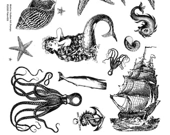 Full Sheet Red Rubber Stamps Original designs Ocean Creatures-mermaid, octopus, whale, sea star, seashells, sailing ship, sea creatures