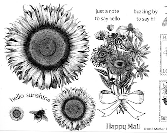 Sunflowers -HALF SHEET Red Rubber Stamps, unmounted,  Sunflowers, faux postage, Bee, hello sunshine, happy mail