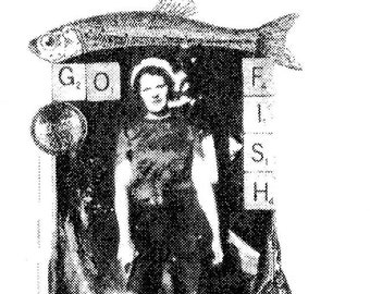 Go Fish, #00205 Red Rubber Stamp-Original design 00205, outdoors lady rubber stamp, artsy rubber stamp, funky rubber stamp, fishing stamp
