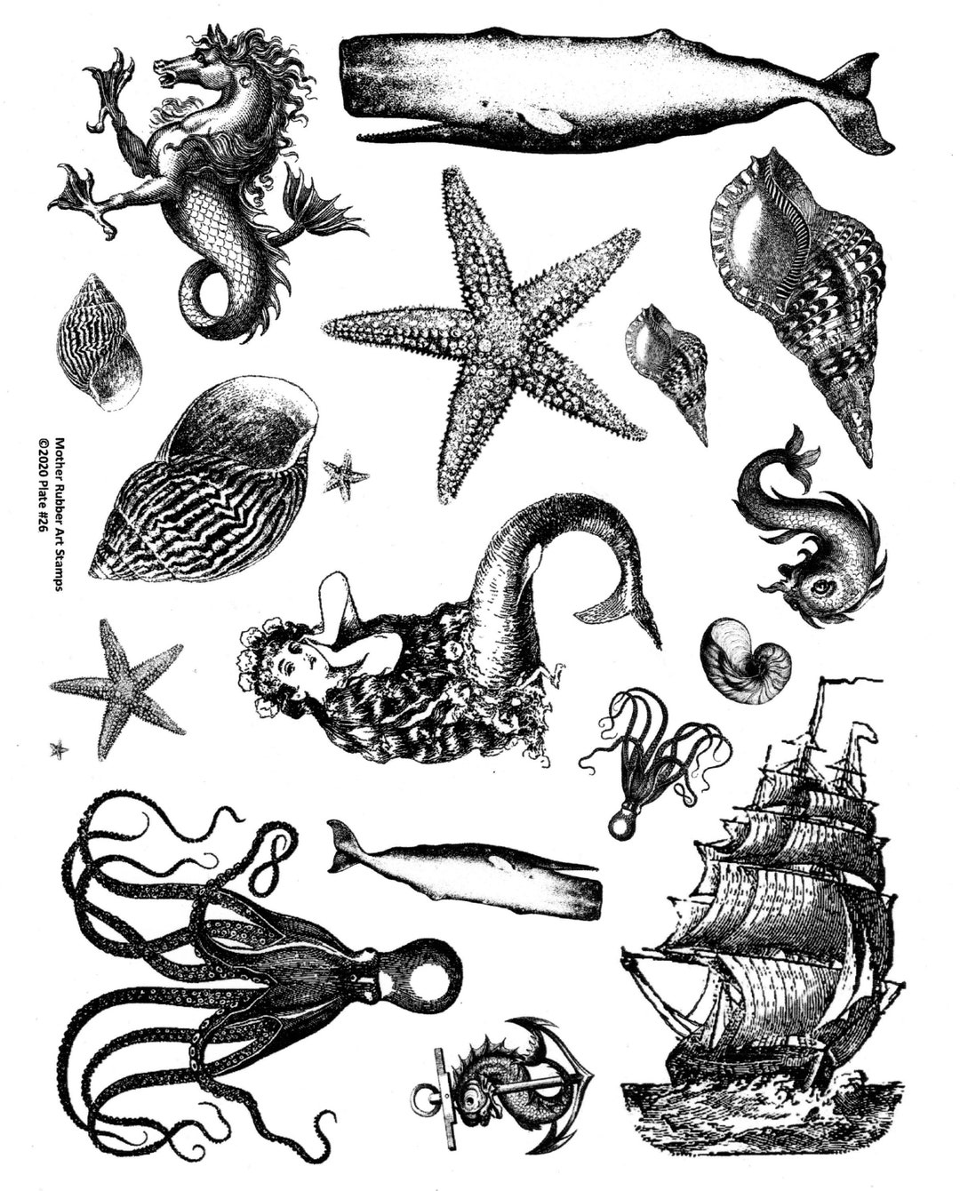 Full Sheet Red Rubber Stamps Original Designs Ocean Creatures-mermaid ...