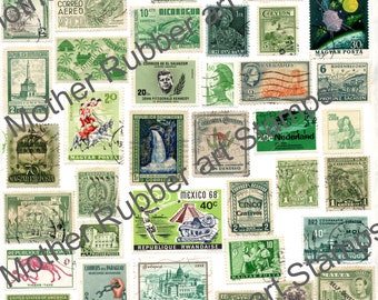 DIGITAL COLLAGE - Used Postage - Green 8.5" x 11" international postage worldwide postage space stamps