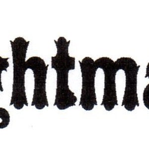 May include: Black and white stylized text that reads "Nightmare" in a gothic font.