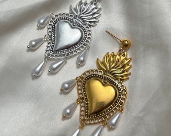 Vintage Style Pearl Sacred Heart Earrings