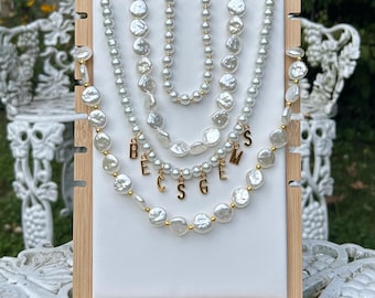 Layering Pearl Necklace, Vintage Style, Gold Accent Jewelry