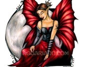 Moon Fairy Art Magnet - Black Spider Tattoo - Red Butterfly Wings