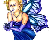 Blond Fairy Drawing - Blue Butterfly Wings - Fantasy Art Print 5x7